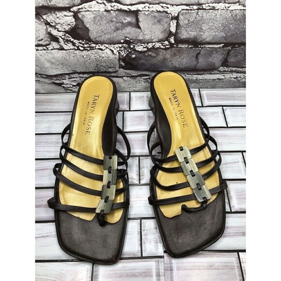 Taryn Rose Brown Leather Stone Slides Strap Heel Sandals Women Sz 38EU/7.5M US - Picture 1 of 16